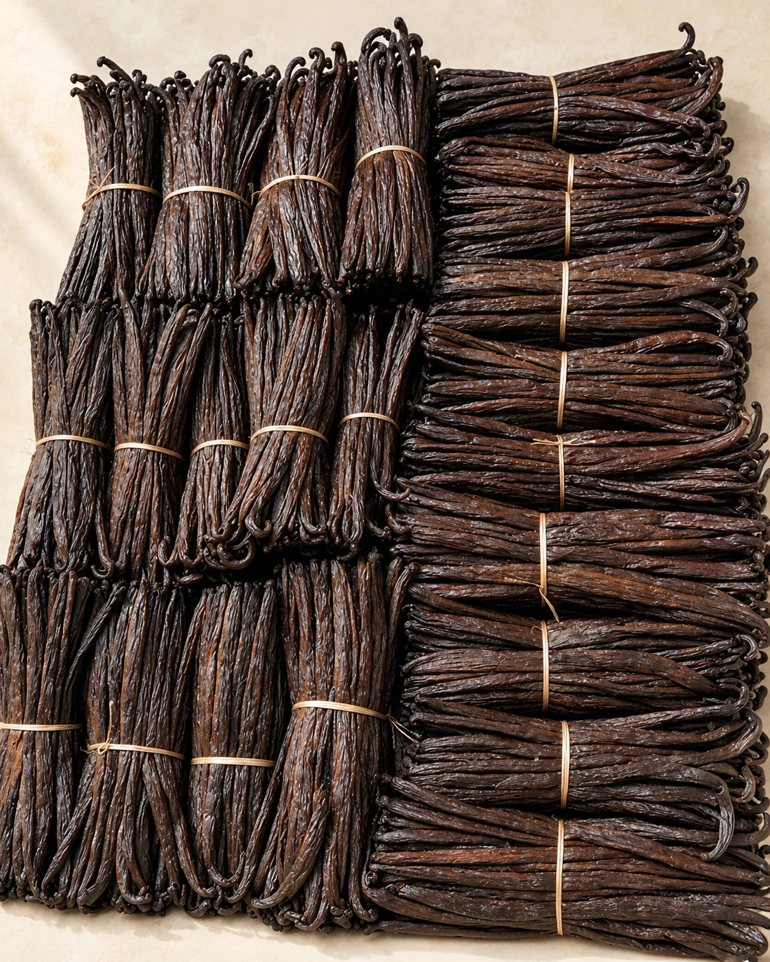 Selected cured vanilla beans arranged in bundles