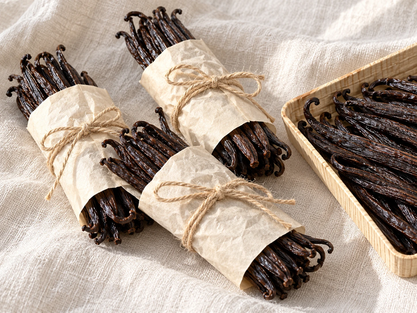 Sample bundles of vanilla beans wrapped for handling